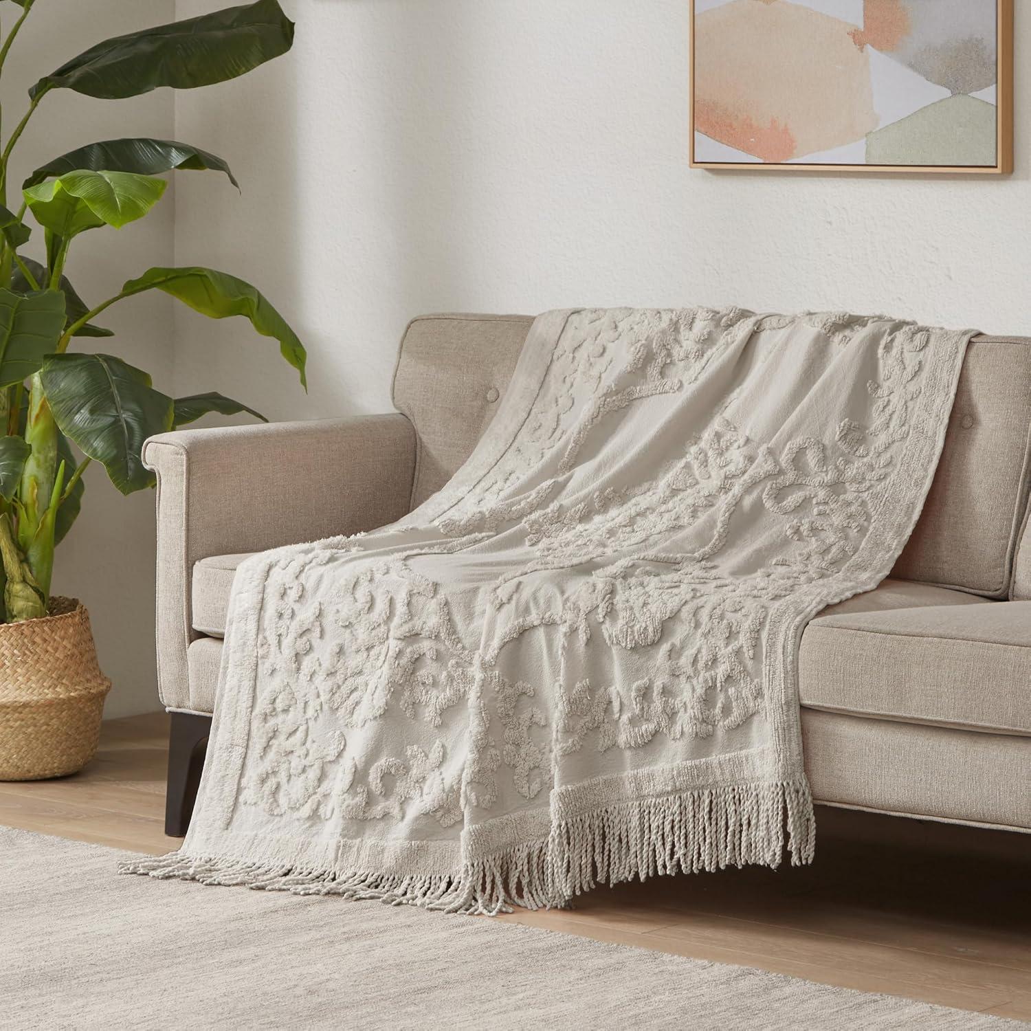 imageMadison Park 100 Cotton Tufted Chenille Design With Fringe Tassel Luxury Elegant Chic Lightweight Breathable Cover Luxe Cottage Room Dcor Summer Blanket 50quot x 60quot BlushGrey