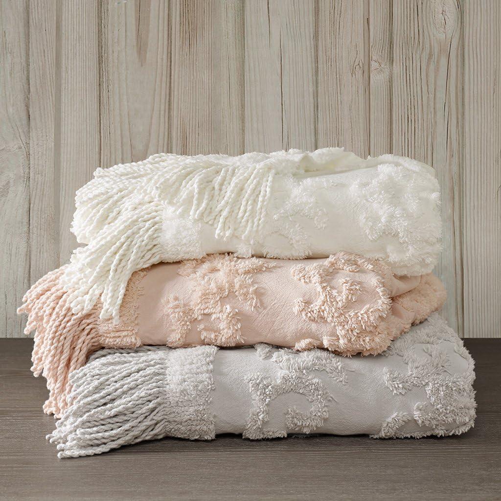 imageMadison Park 100 Cotton Tufted Chenille Design With Fringe Tassel Luxury Elegant Chic Lightweight Breathable Cover Luxe Cottage Room Dcor Summer Blanket 50quot x 60quot BlushGrey