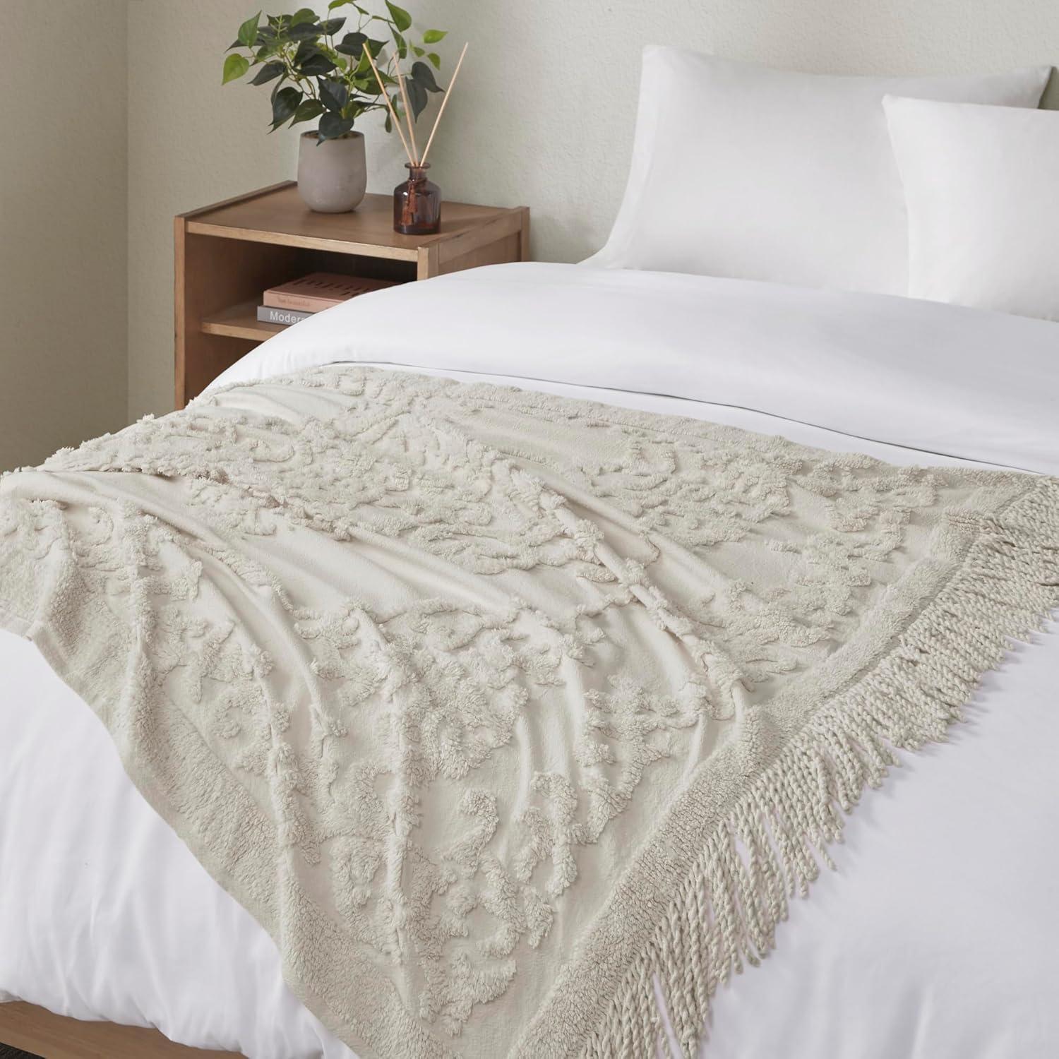 imageMadison Park 100 Cotton Tufted Chenille Design With Fringe Tassel Luxury Elegant Chic Lightweight Breathable Cover Luxe Cottage Room Dcor Summer Blanket 50quot x 60quot BlushGrey