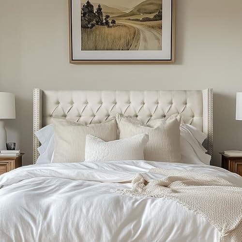 imageMadison Park Amelia Upholstered Headboard Nail Head Trim Wingback Button Tufted King CreamCream