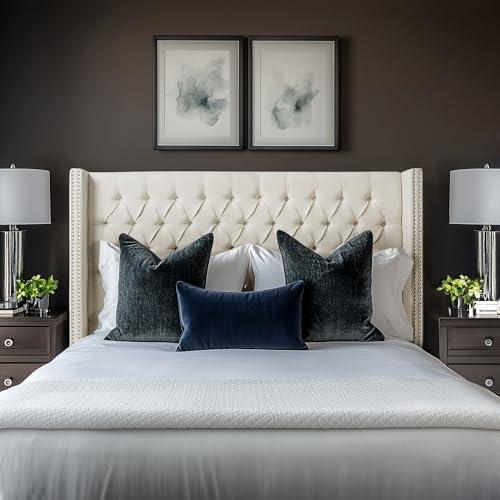 imageMadison Park Amelia Upholstered Headboard Nail Head Trim Wingback Button Tufted King CreamCream