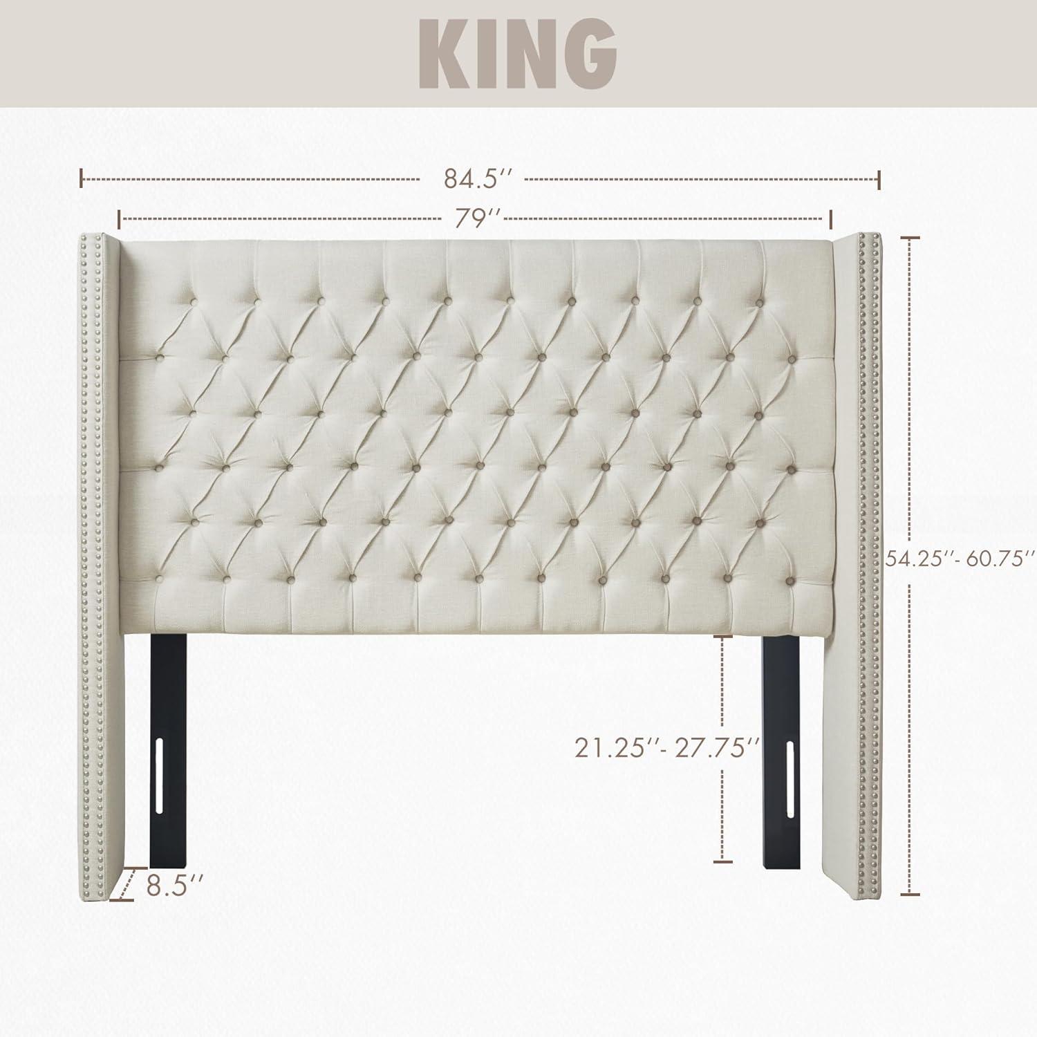 imageMadison Park Amelia Upholstered Headboard Nail Head Trim Wingback Button Tufted King CreamCream
