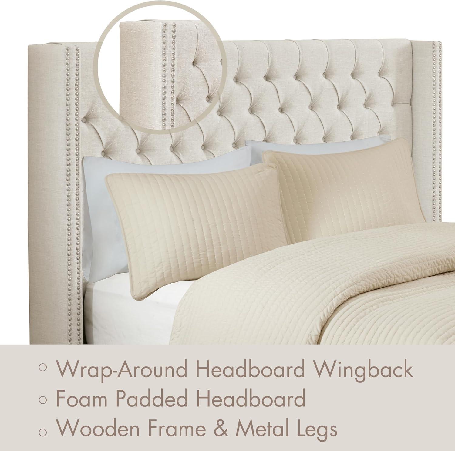 imageMadison Park Amelia Upholstered Headboard Nail Head Trim Wingback Button Tufted King CreamCream