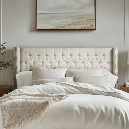 imageMadison Park Amelia Upholstered Headboard Nail Head Trim Wingback Button Tufted King CreamCream