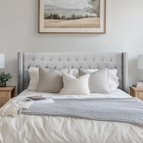 imageMadison Park Amelia Upholstered Headboard Nail Head Trim Wingback Button Tufted King CreamGray