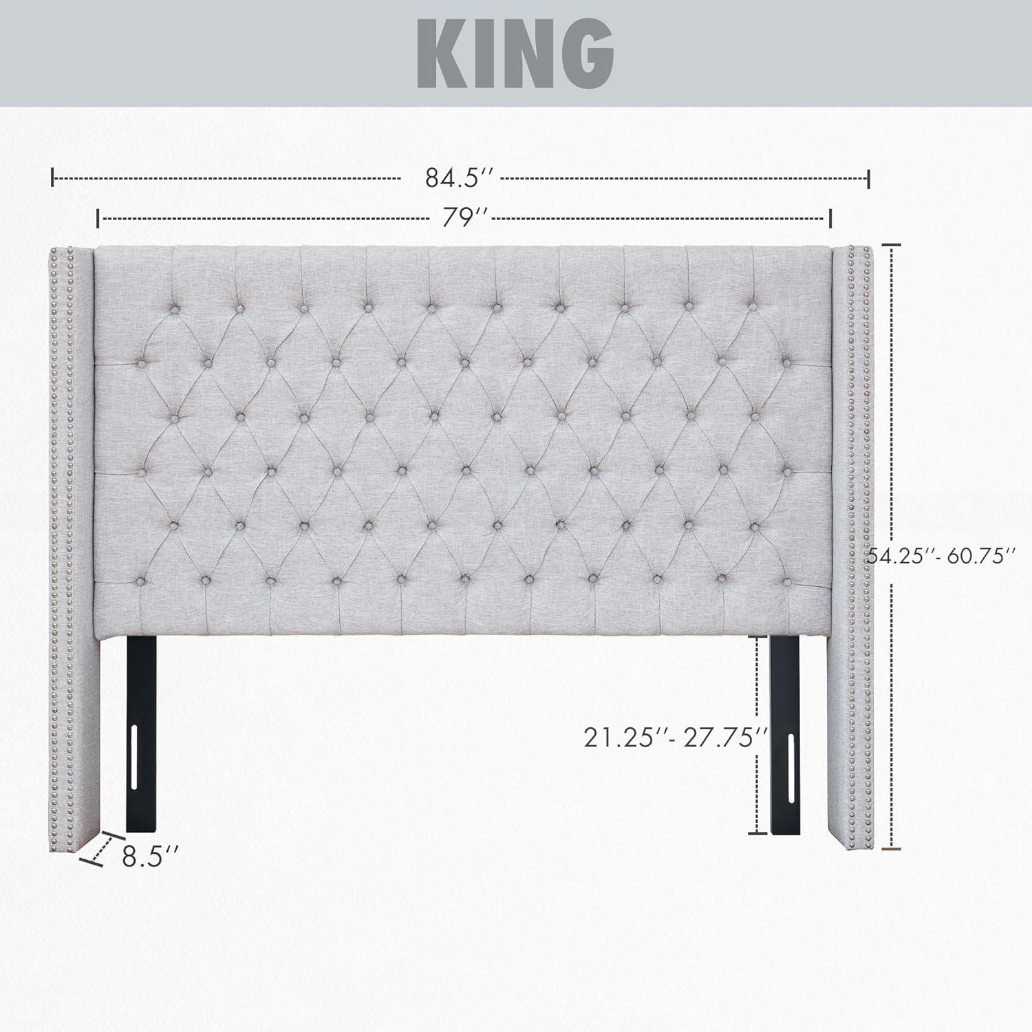 imageMadison Park Amelia Upholstered Headboard Nail Head Trim Wingback Button Tufted King CreamGray