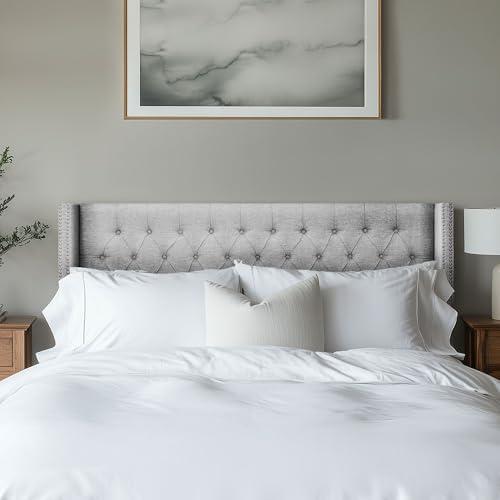 imageMadison Park Amelia Upholstered Headboard Nail Head Trim Wingback Button Tufted King CreamGray