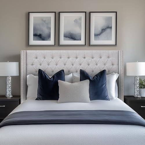 imageMadison Park Amelia Upholstered Headboard Nail Head Trim Wingback Button Tufted King CreamGray