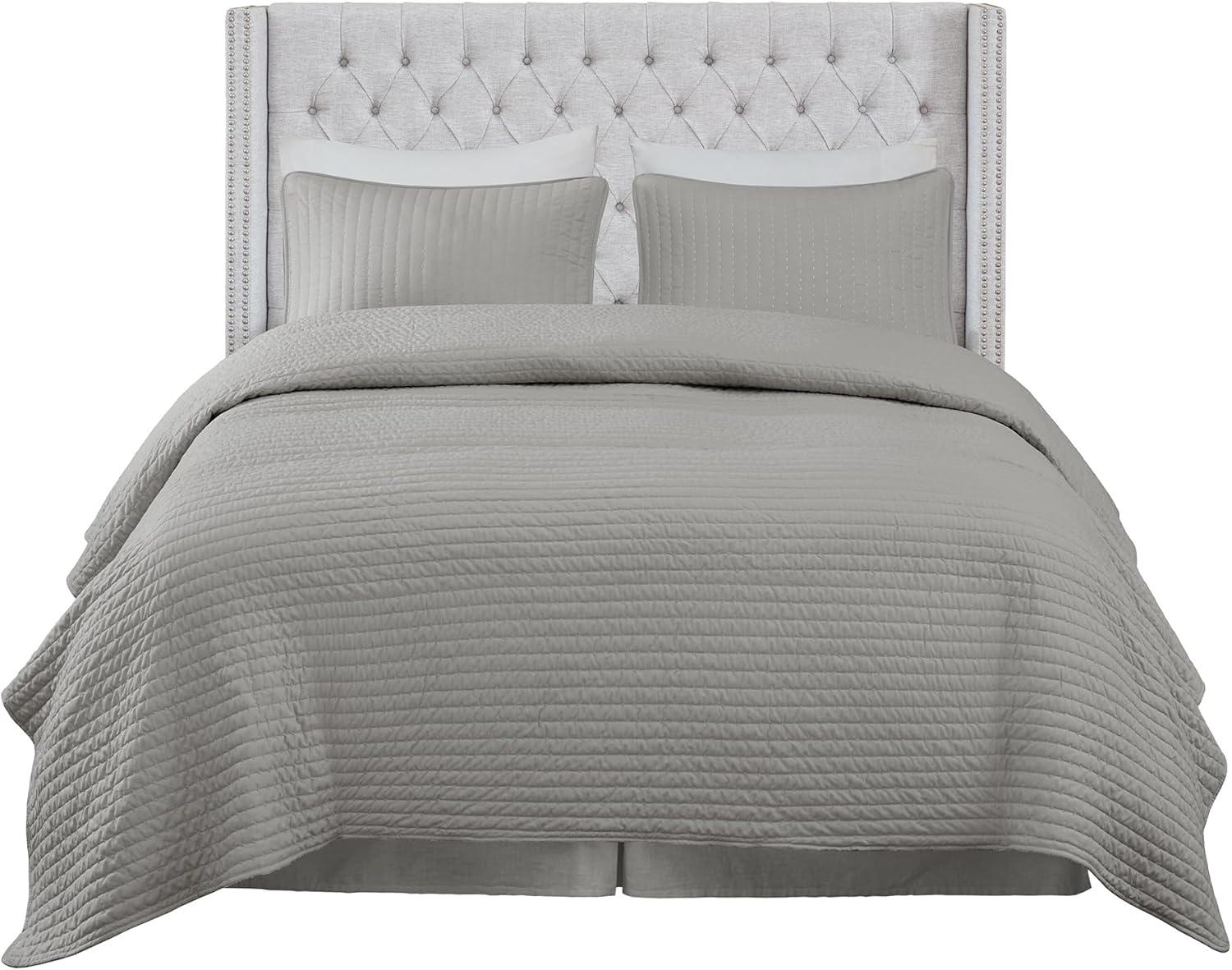 imageMadison Park Amelia Upholstered Headboard Nail Head Trim Wingback Button Tufted King CreamGray