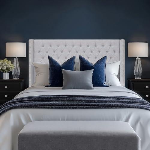 imageMadison Park Amelia Upholstered Headboard Nail Head Trim Wingback Button Tufted King CreamGray