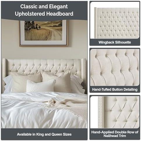 imageMadison Park Amelia Upholstered Headboard Nail Head Trim Wingback Button Tufted King CreamGray