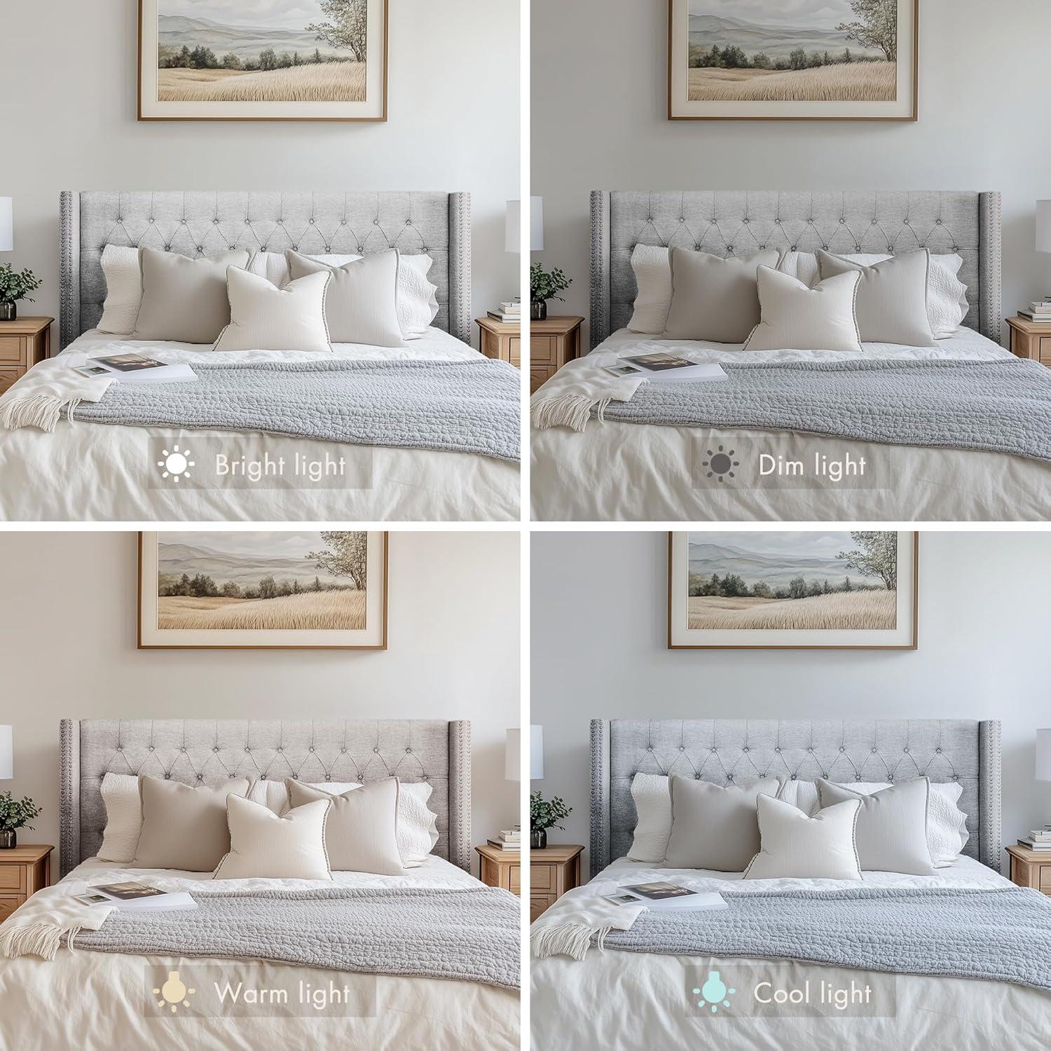imageMadison Park Amelia Upholstered Headboard Nail Head Trim Wingback Button Tufted King CreamGray