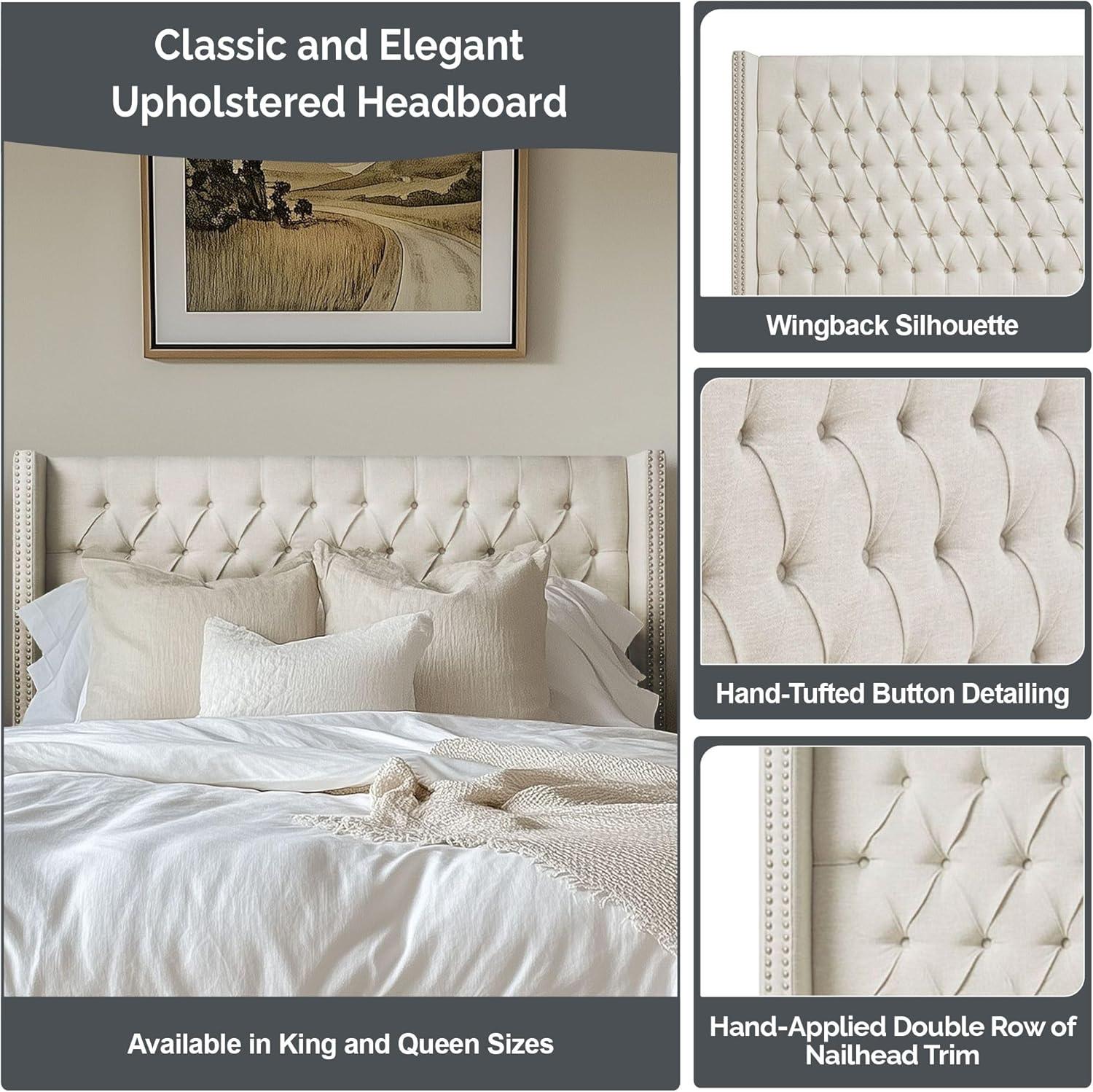 imageMadison Park Amelia Upholstered Headboard Nail Head Trim Wingback Button Tufted King CreamNavy