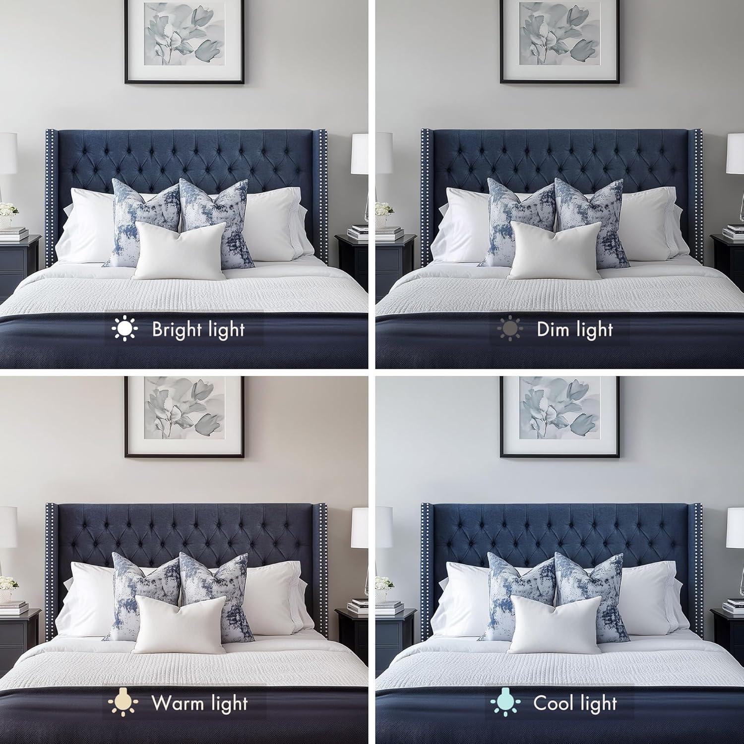 imageMadison Park Amelia Upholstered Headboard Nail Head Trim Wingback Button Tufted King CreamNavy