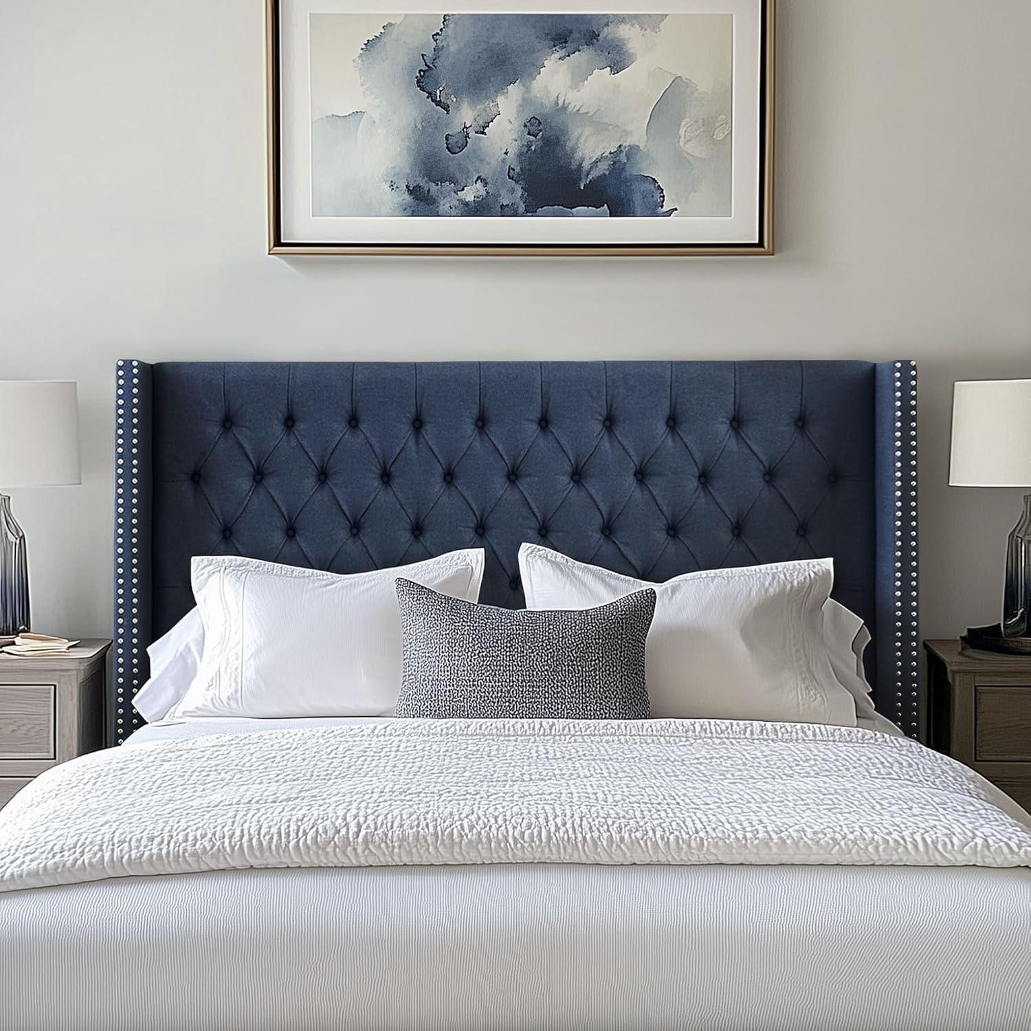 imageMadison Park Amelia Upholstered Headboard Nail Head Trim Wingback Button Tufted King CreamNavy