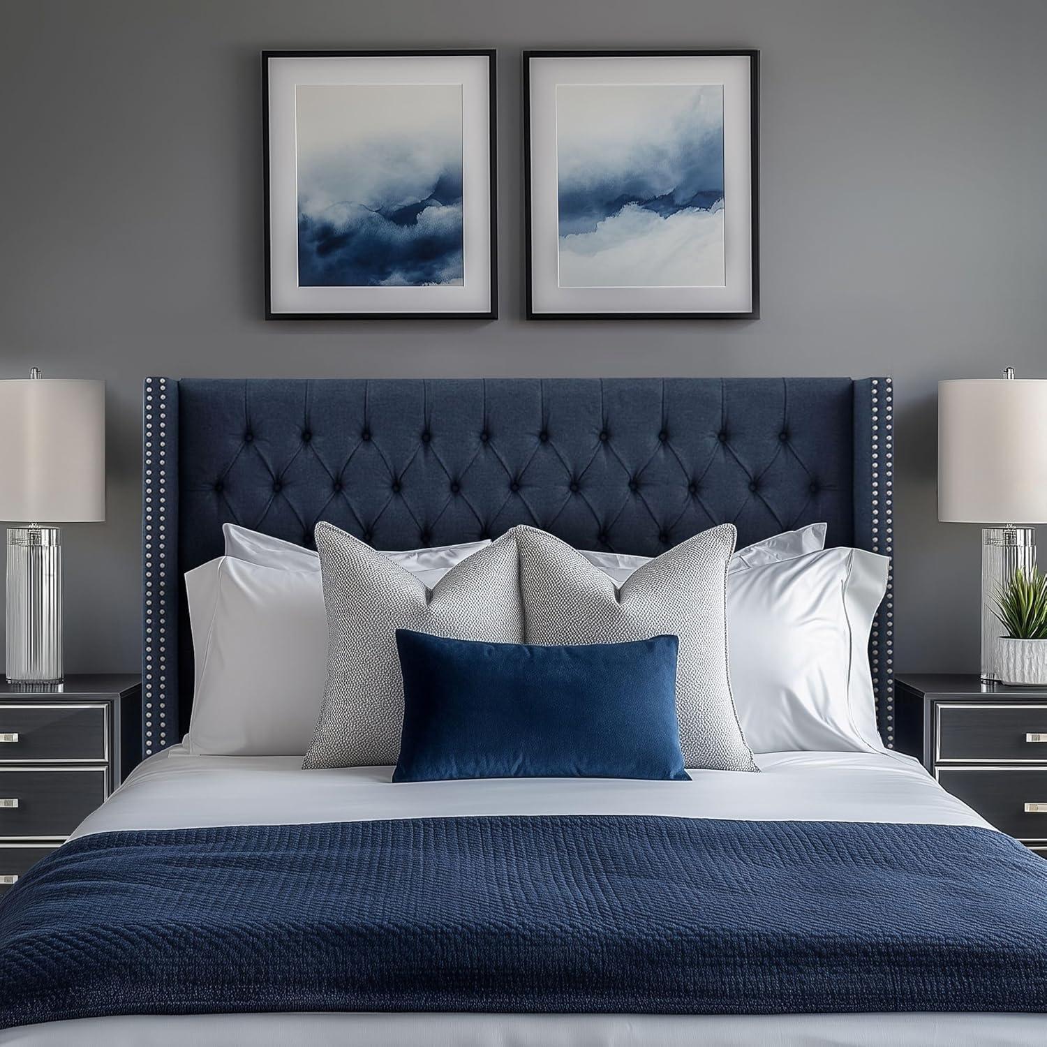 imageMadison Park Amelia Upholstered Headboard Nail Head Trim Wingback Button Tufted King CreamNavy