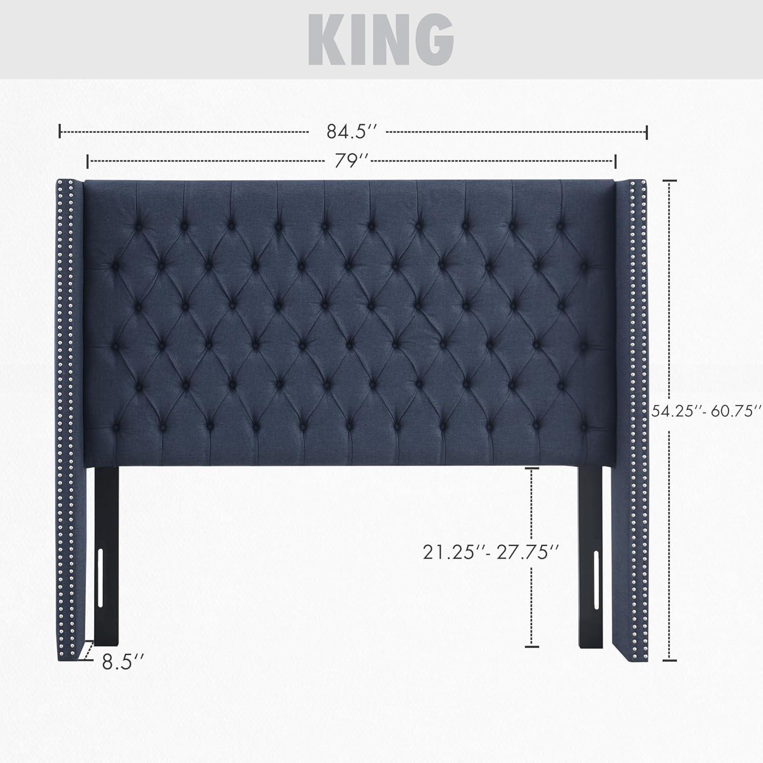 imageMadison Park Amelia Upholstered Headboard Nail Head Trim Wingback Button Tufted King CreamNavy