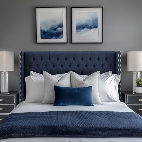 imageMadison Park Amelia Upholstered Headboard Nail Head Trim Wingback Button Tufted King CreamNavy