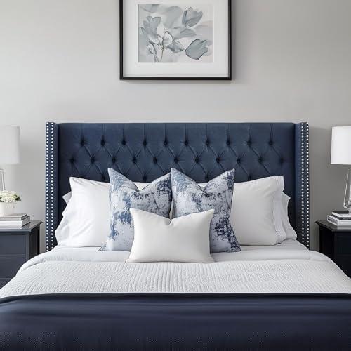 imageMadison Park Amelia Upholstered Headboard Nail Head Trim Wingback Button Tufted King CreamNavy