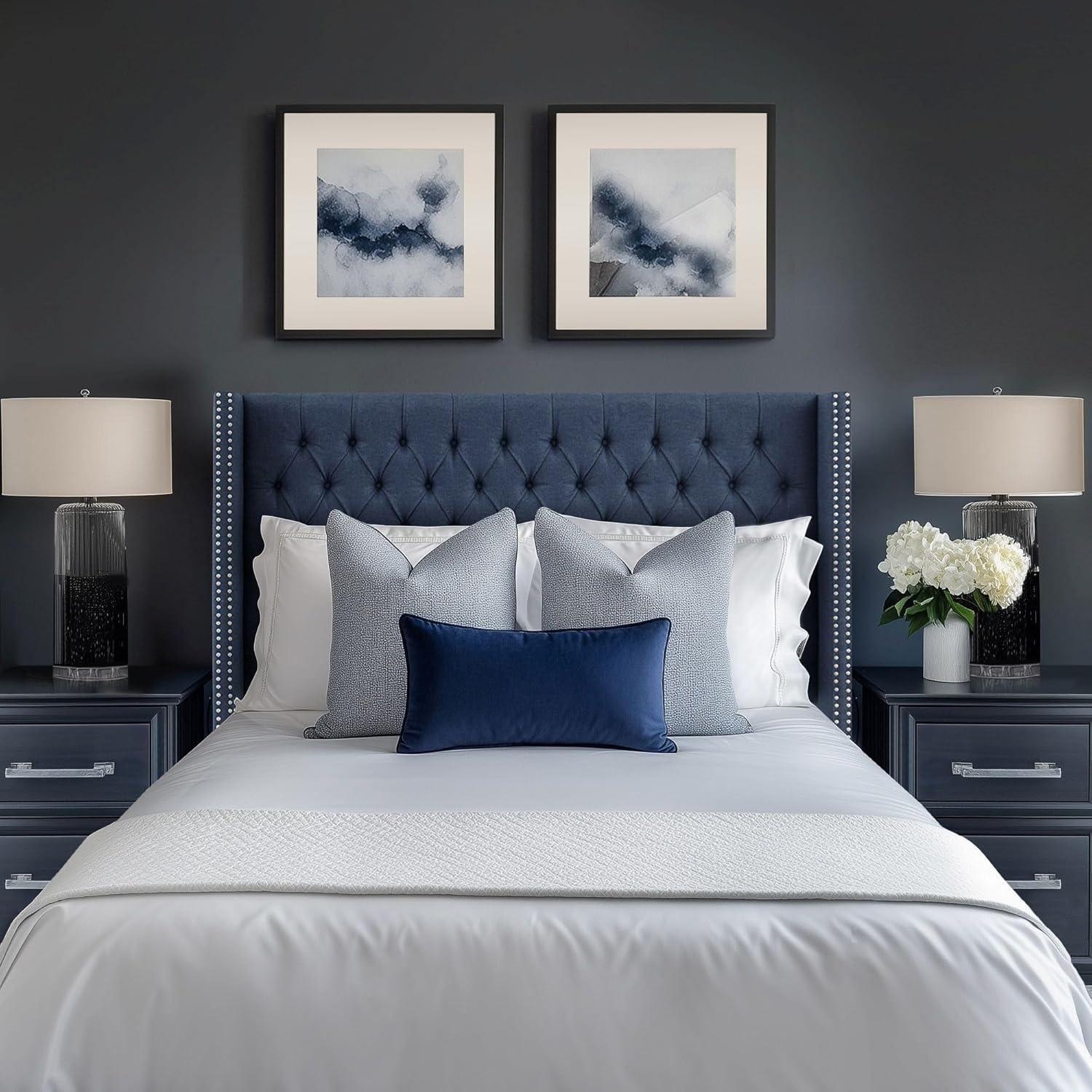 imageMadison Park Amelia Upholstered Headboard Nail Head Trim Wingback Button Tufted King CreamNavy