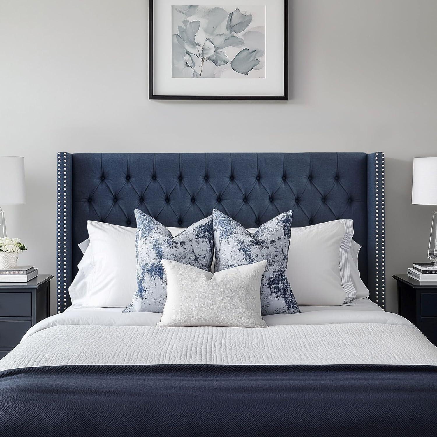 imageMadison Park Amelia Upholstered Headboard Nail Head Trim Wingback Button Tufted King CreamNavy