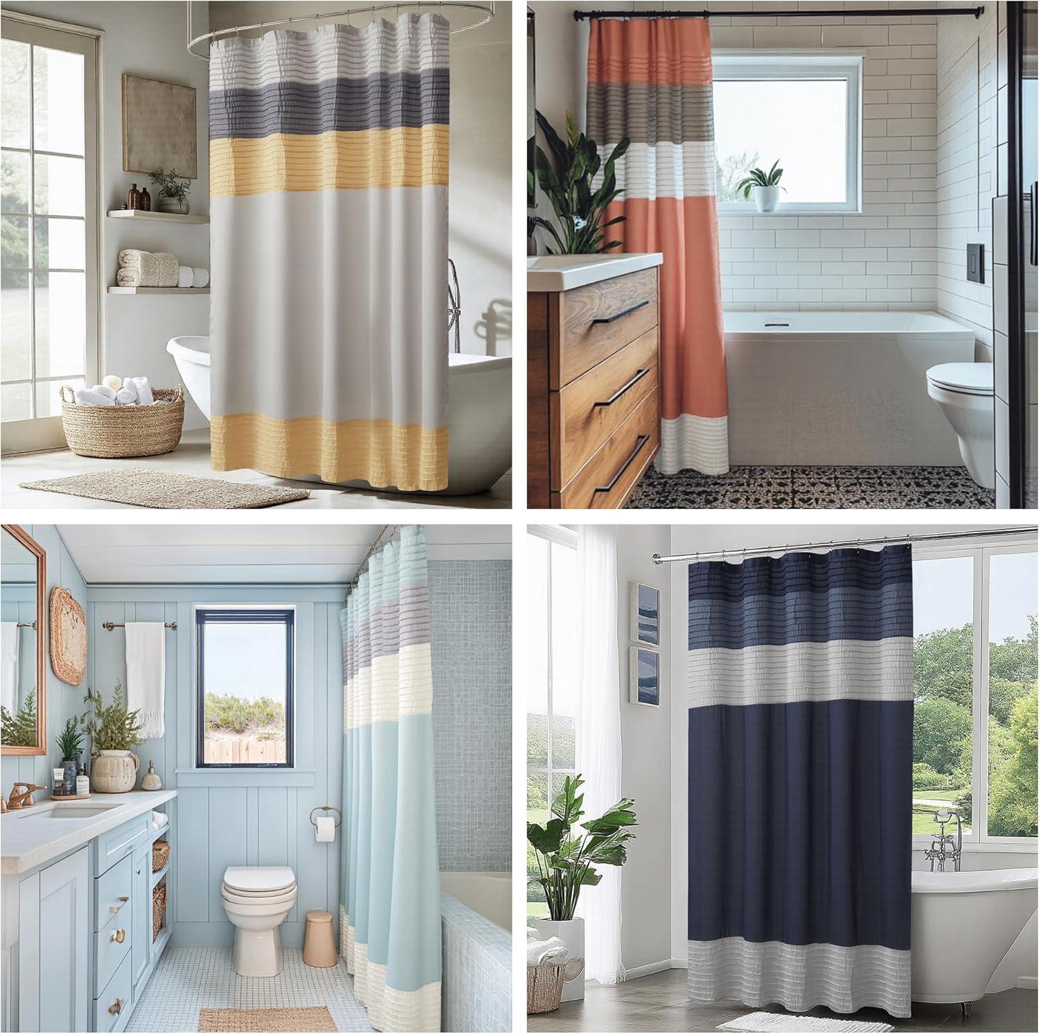 imageMadison Park Amherst Bathroom Shower Curtain Faux Silk Pieced Striped Modern Microfiber Bath Curtains 72x72 Inches AquaAqua