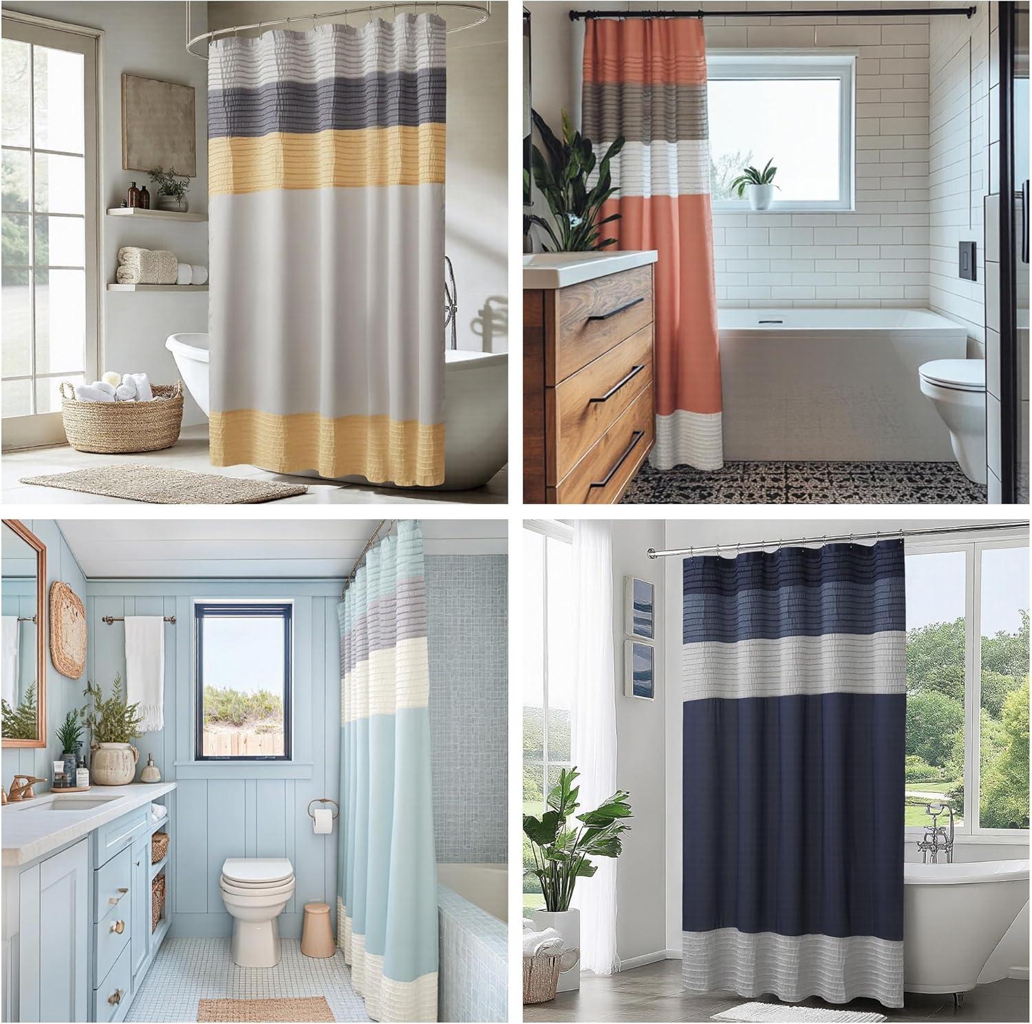 imageMadison Park Amherst Bathroom Shower Curtain Faux Silk Pieced Striped Modern Microfiber Bath Curtains 72x72 Inches AquaBlue