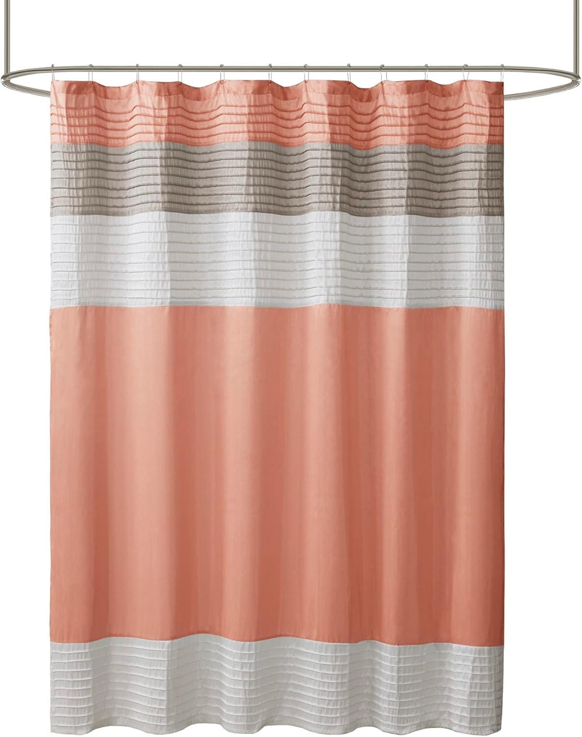 imageMadison Park Amherst Bathroom Shower Curtain Faux Silk Pieced Striped Modern Microfiber Bath Curtains 72x72 Inches AquaCoral