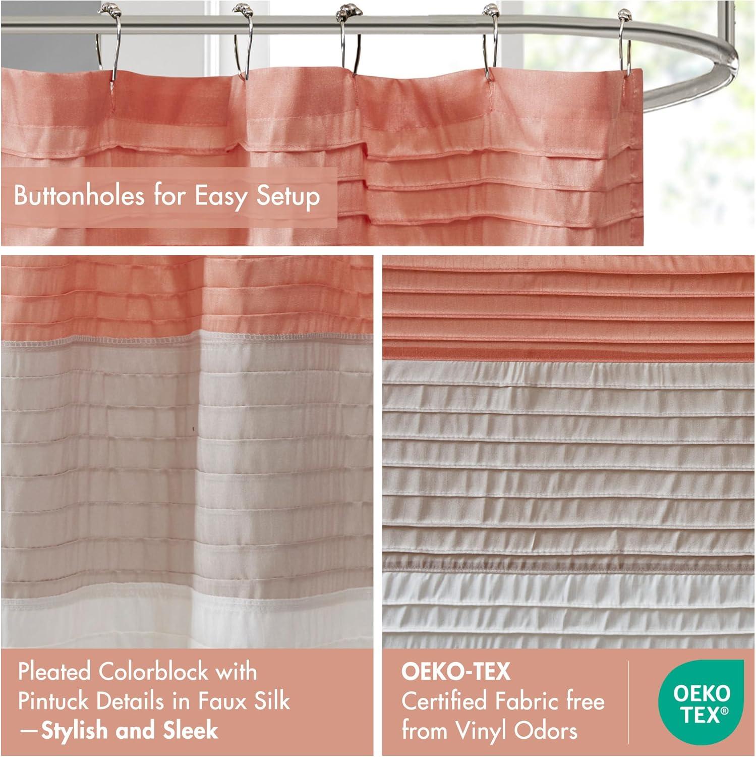 imageMadison Park Amherst Bathroom Shower Curtain Faux Silk Pieced Striped Modern Microfiber Bath Curtains 72x72 Inches AquaCoral