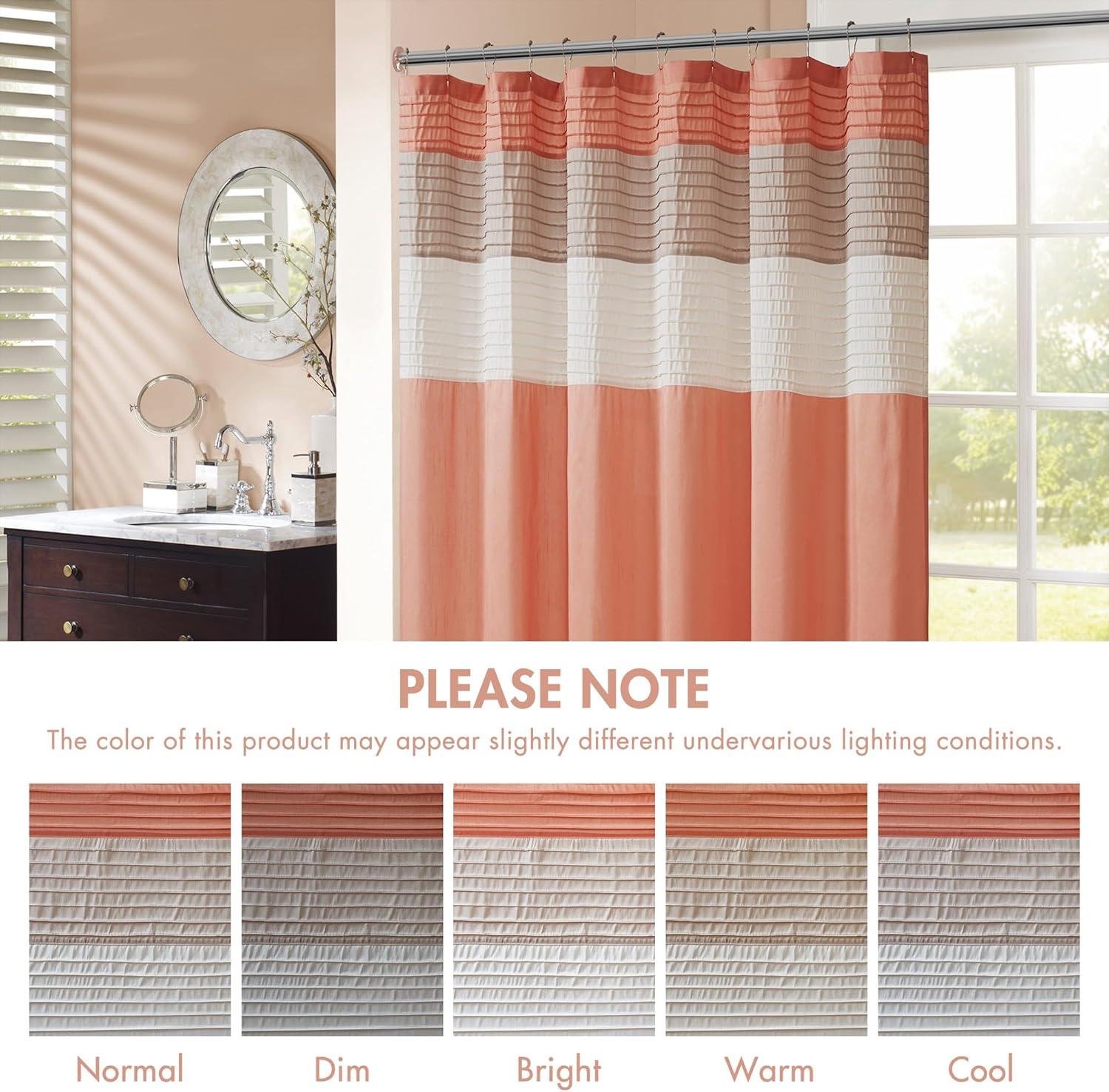 imageMadison Park Amherst Bathroom Shower Curtain Faux Silk Pieced Striped Modern Microfiber Bath Curtains 72x72 Inches AquaCoral