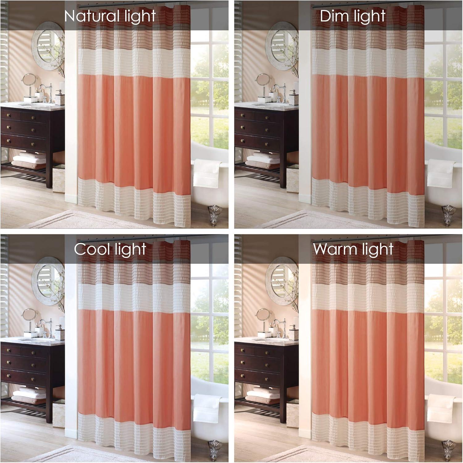 imageMadison Park Amherst Bathroom Shower Curtain Faux Silk Pieced Striped Modern Microfiber Bath Curtains 72x72 Inches AquaCoral