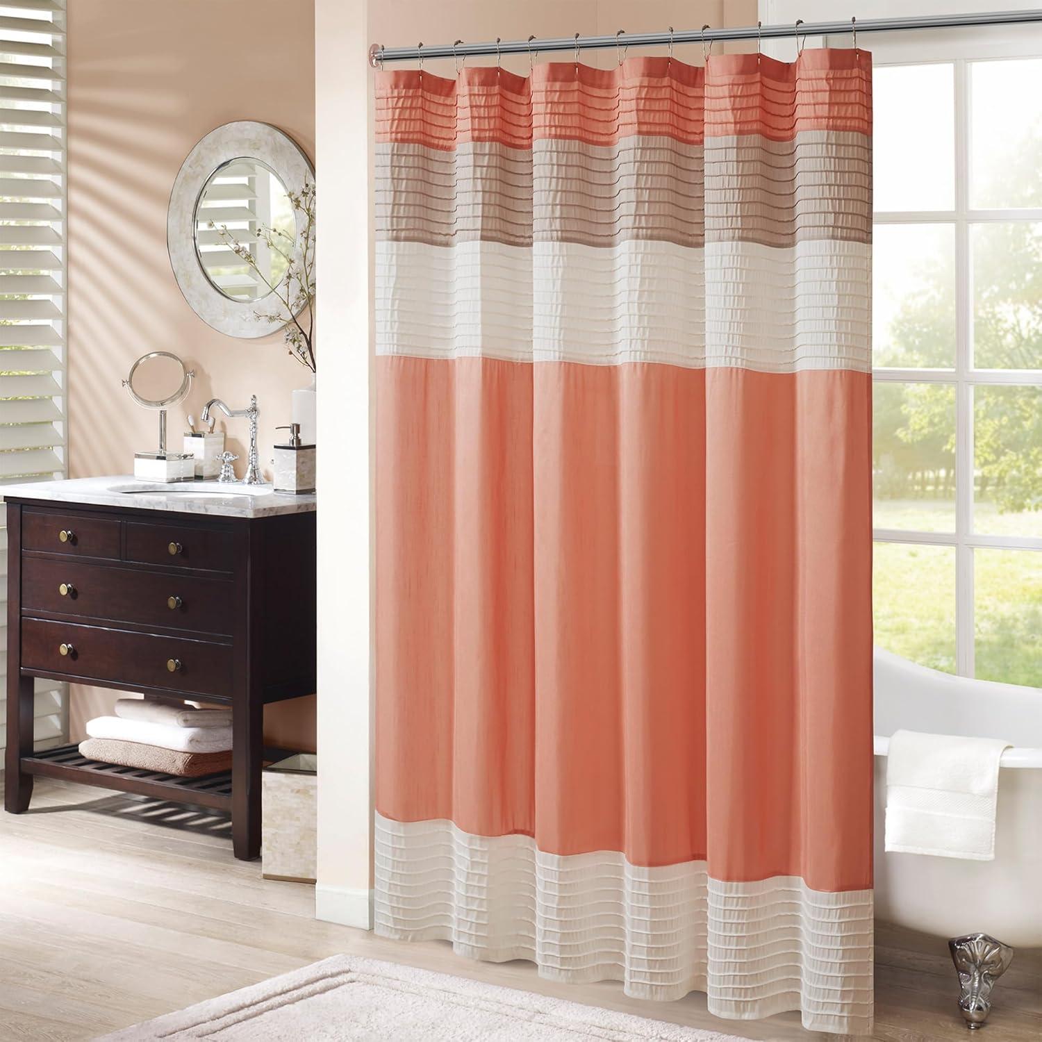 imageMadison Park Amherst Bathroom Shower Curtain Faux Silk Pieced Striped Modern Microfiber Bath Curtains 72x72 Inches AquaCoral