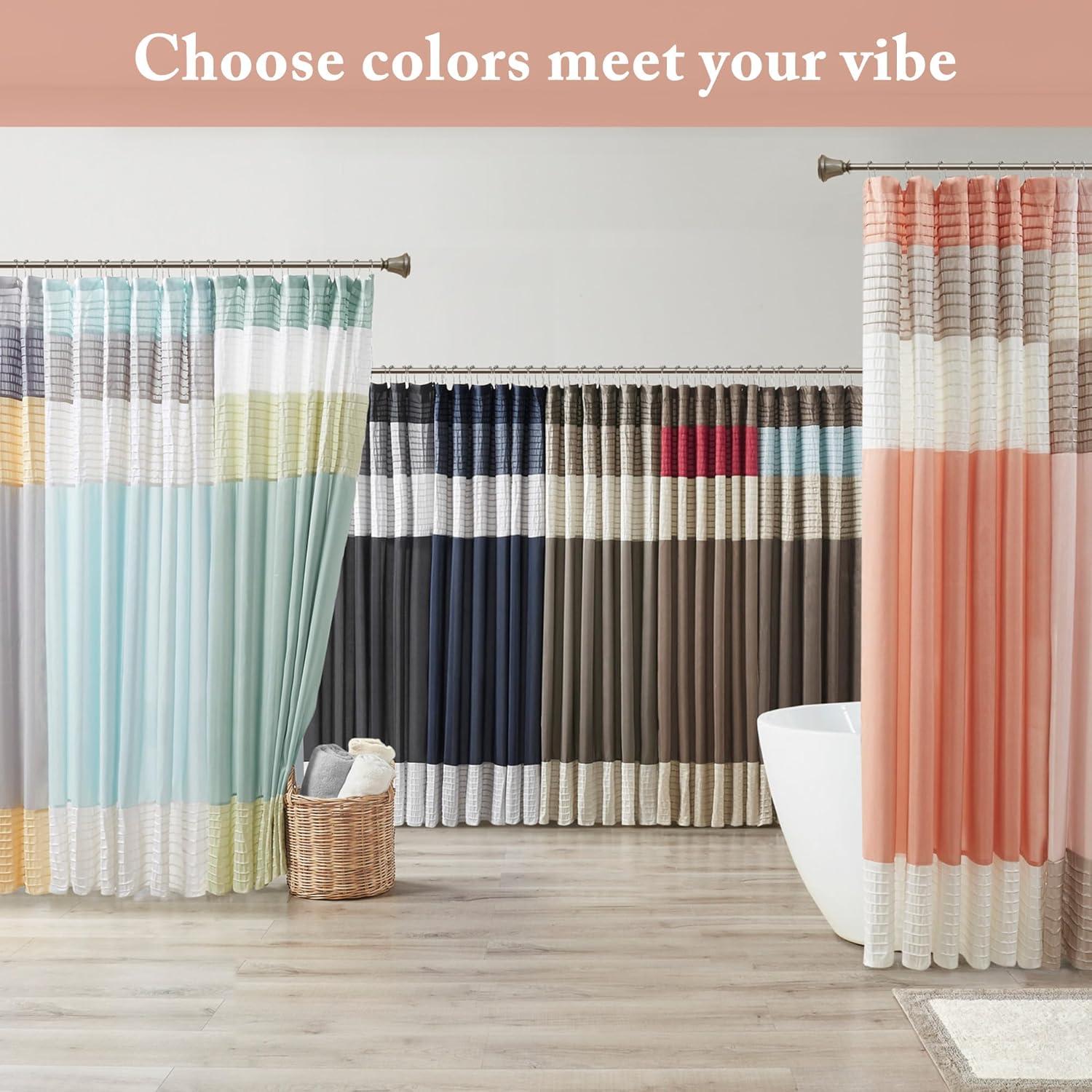 imageMadison Park Amherst Bathroom Shower Curtain Faux Silk Pieced Striped Modern Microfiber Bath Curtains 72x72 Inches AquaCoral