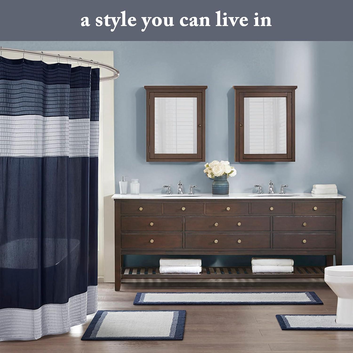 imageMadison Park Amherst Bathroom Shower Curtain Faux Silk Pieced Striped Modern Microfiber Bath Curtains 72x72 Inches AquaNavy