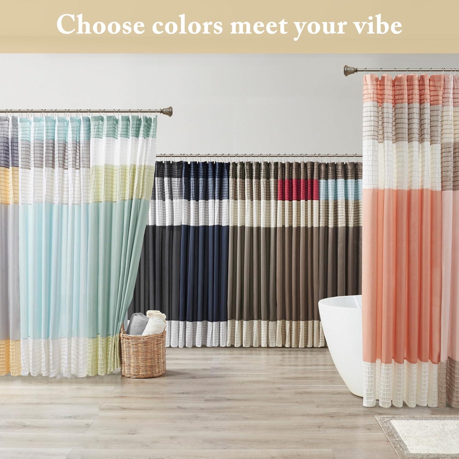 imageMadison Park Amherst Bathroom Shower Curtain Faux Silk Pieced Striped Modern Microfiber Bath Curtains 72x72 Inches AquaYellowGrey