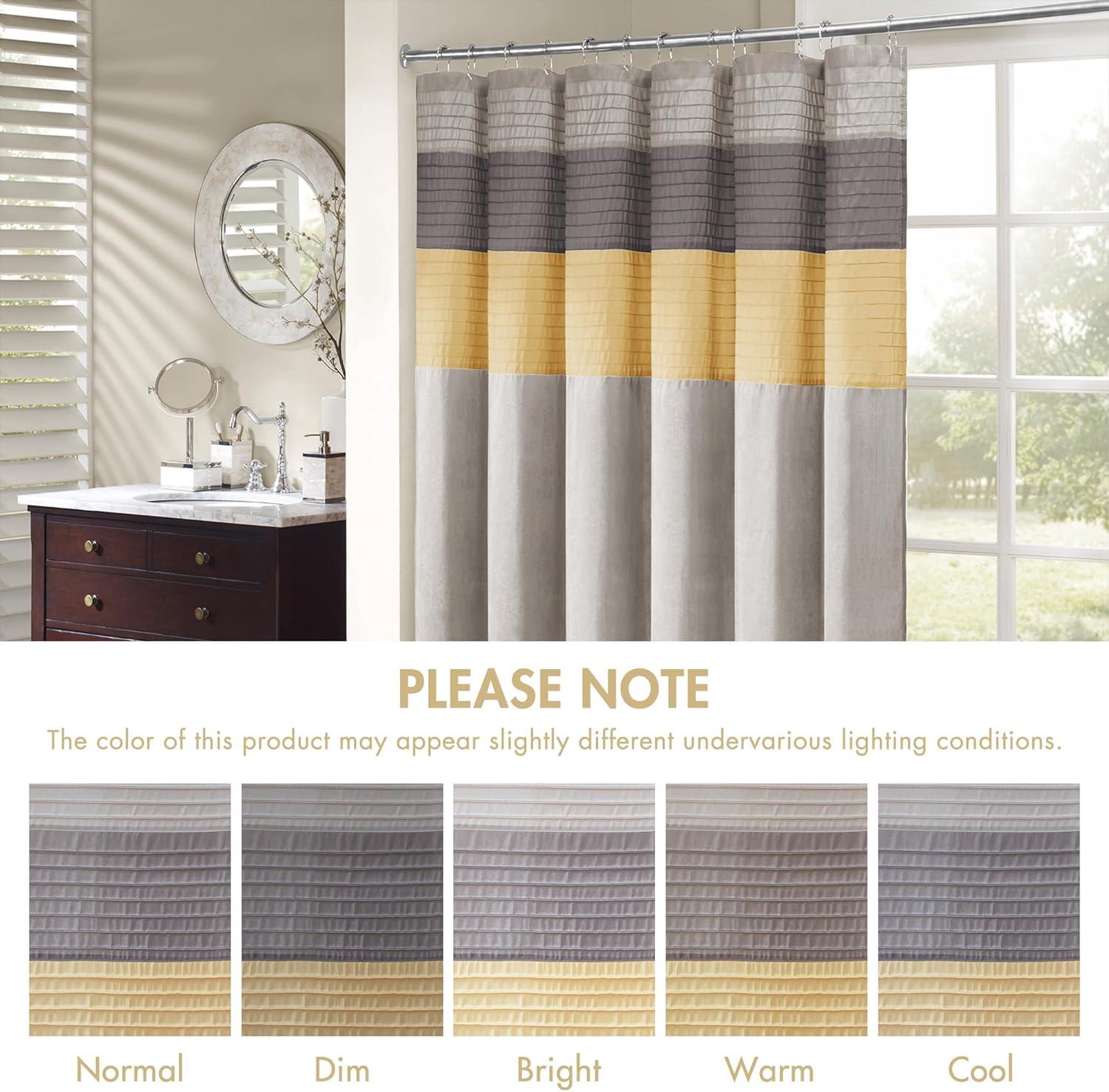 imageMadison Park Amherst Bathroom Shower Curtain Faux Silk Pieced Striped Modern Microfiber Bath Curtains 72x72 Inches AquaYellowGrey