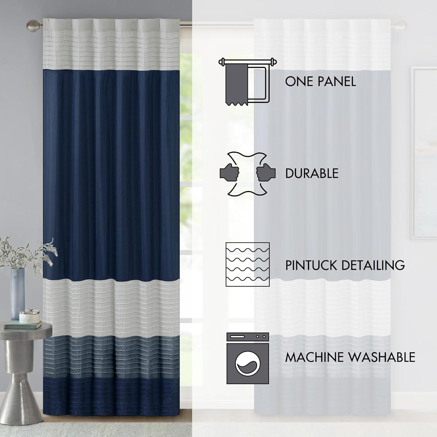 imageMadison Park Amherst Single Panel Faux Silk Rod Pocket Curtain With Privacy Lining for Living Room Window Drapes for Bedroom and Dorm 50x18 BlackNavy