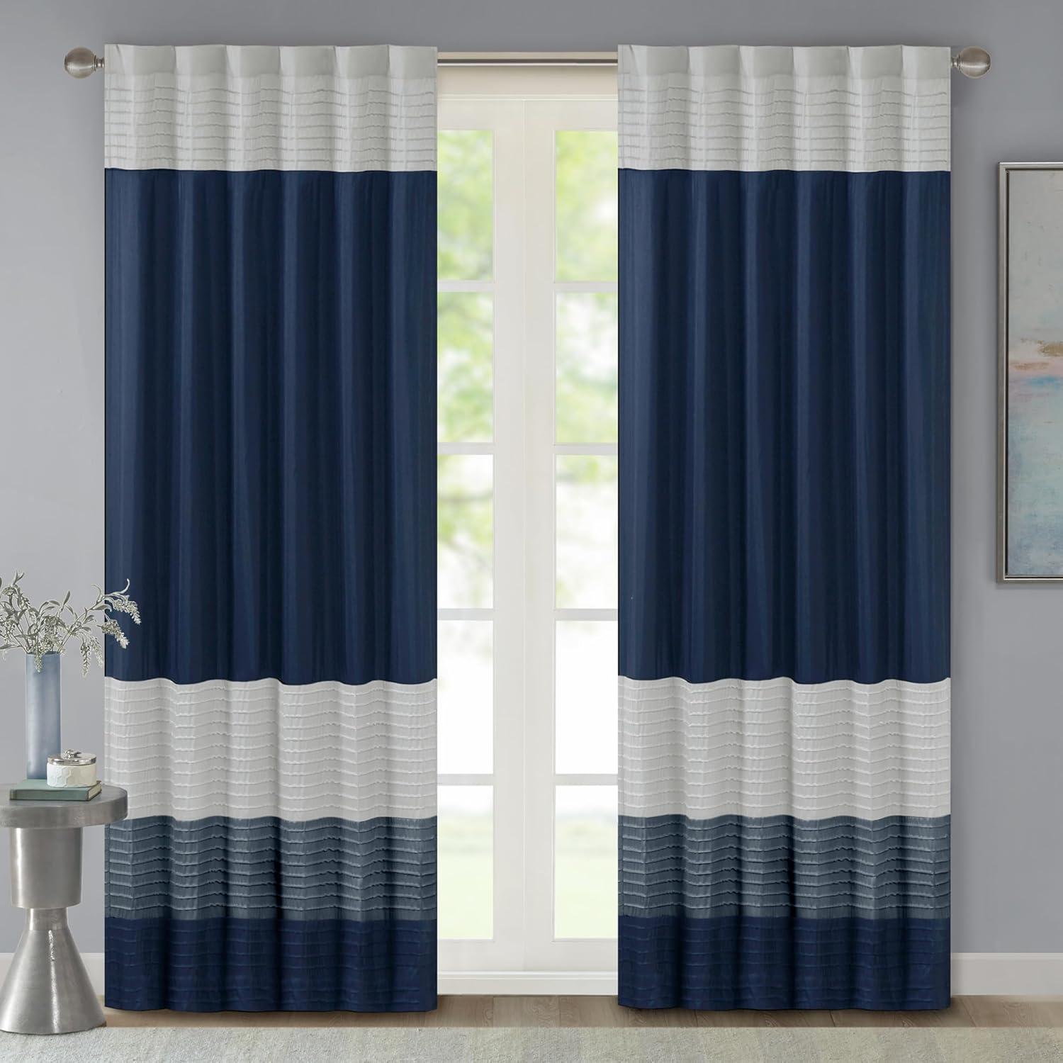 imageMadison Park Amherst Single Panel Faux Silk Rod Pocket Curtain With Privacy Lining for Living Room Window Drapes for Bedroom and Dorm 50x18 BlackNavy