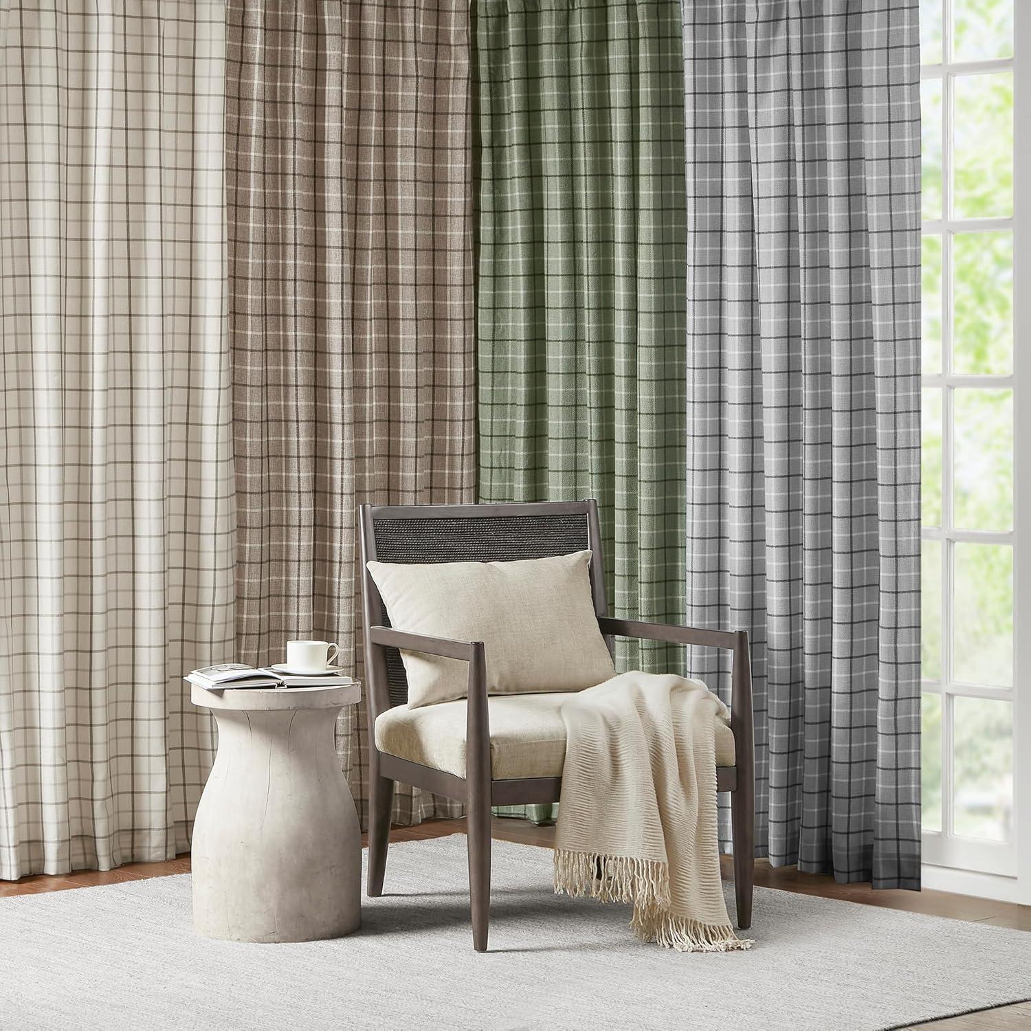 imageMadison Park Anaheim Cabin Plaid Curtain Window Thermal Insulated Fleece Lining Living Room Decor Room Darkening Drape for Bedroom 1Single Panel Pack 50quot x 84quot Rod Pocket NaturalFaux Leather Tab Brown