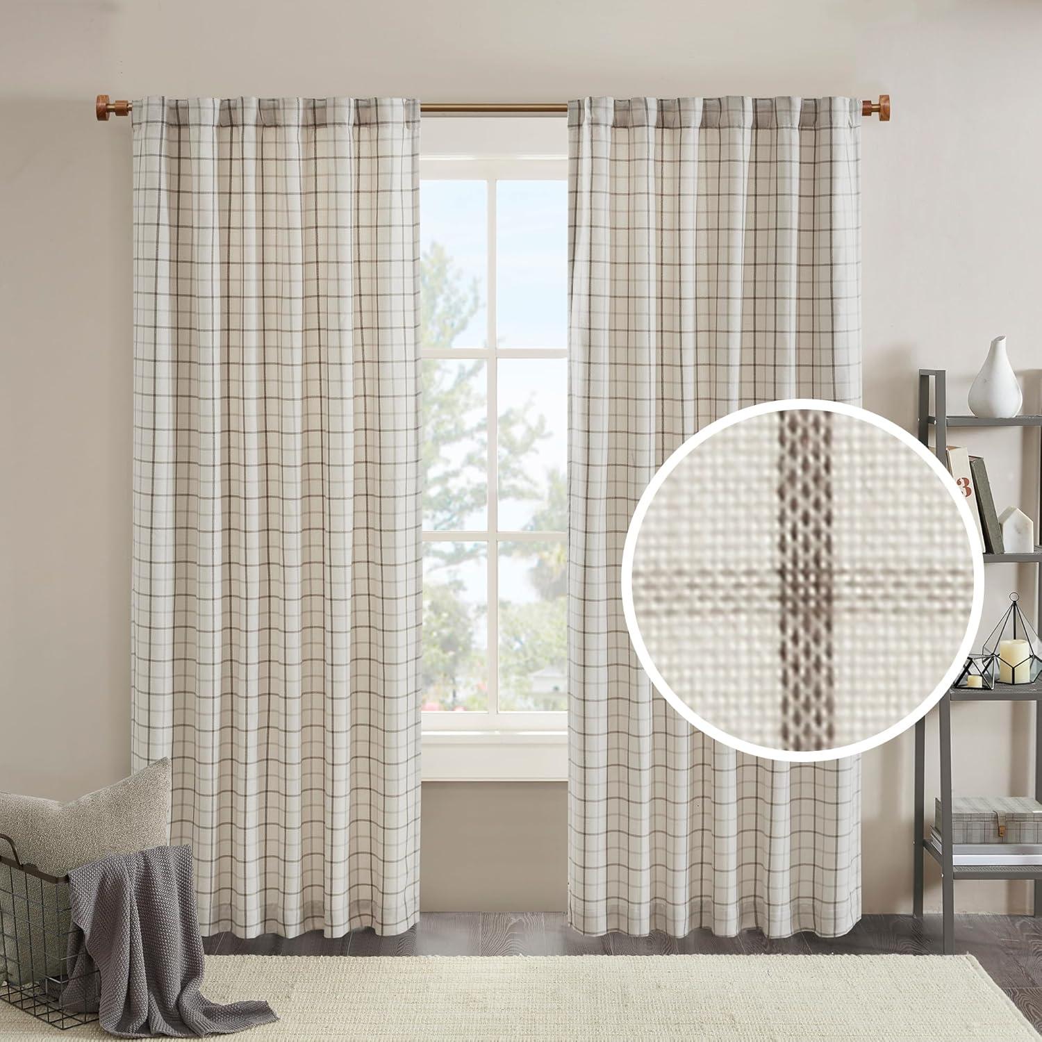 imageMadison Park Anaheim Cabin Plaid Curtain Window Thermal Insulated Fleece Lining Living Room Decor Room Darkening Drape for Bedroom 1Single Panel Pack 50quot x 84quot Rod Pocket NaturalFaux Leather Tab Natural