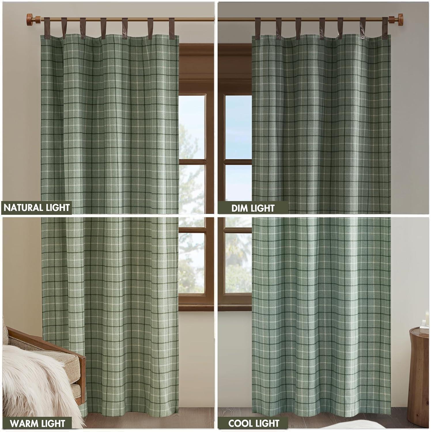 imageMadison Park Anaheim Cabin Plaid Curtain Window Thermal Insulated Fleece Lining Living Room Decor Room Darkening Drape for Bedroom 1Single Panel Pack 50quot x 84quot Rod Pocket NaturalFaux Leather Tab Green