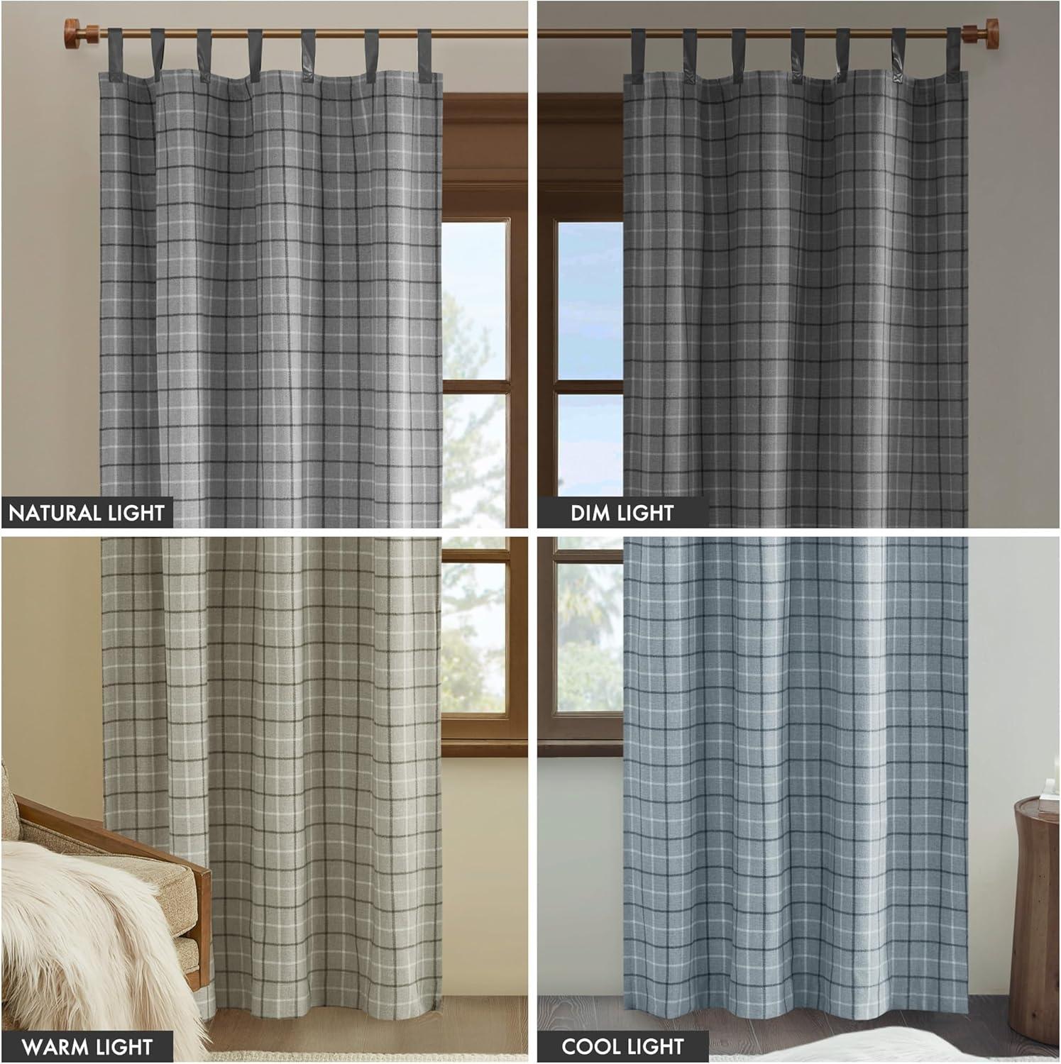 imageMadison Park Anaheim Cabin Plaid Curtain Window Thermal Insulated Fleece Lining Living Room Decor Room Darkening Drape for Bedroom 1Single Panel Pack 50quot x 84quot Rod Pocket NaturalFaux Leather Tab Grey