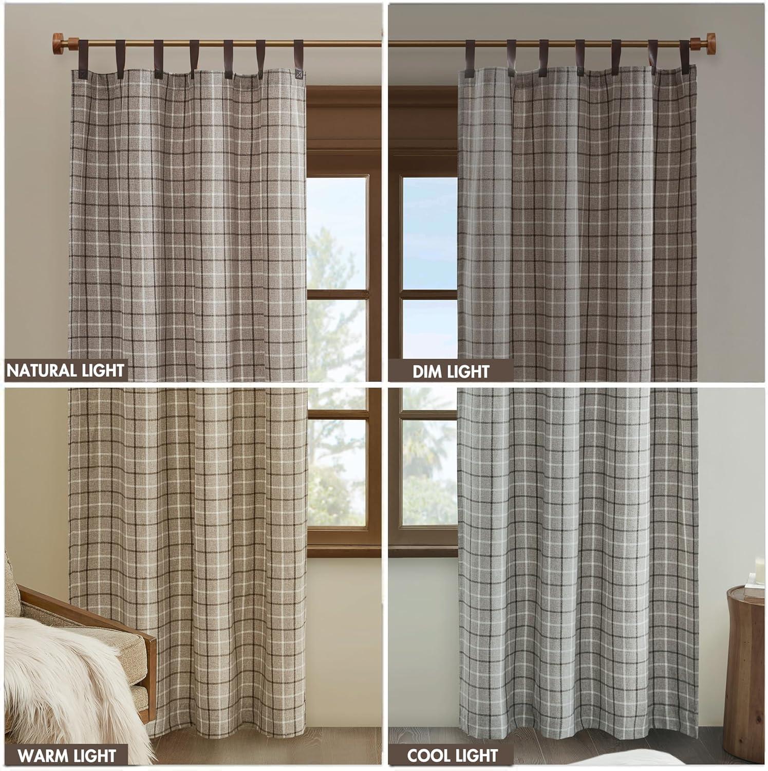 imageMadison Park Anaheim Cabin Plaid Curtain Window Thermal Insulated Fleece Lining Living Room Decor Room Darkening Drape for Bedroom 1Single Panel Pack 50quot x 84quot Rod Pocket NaturalFaux Leather Tab Brown