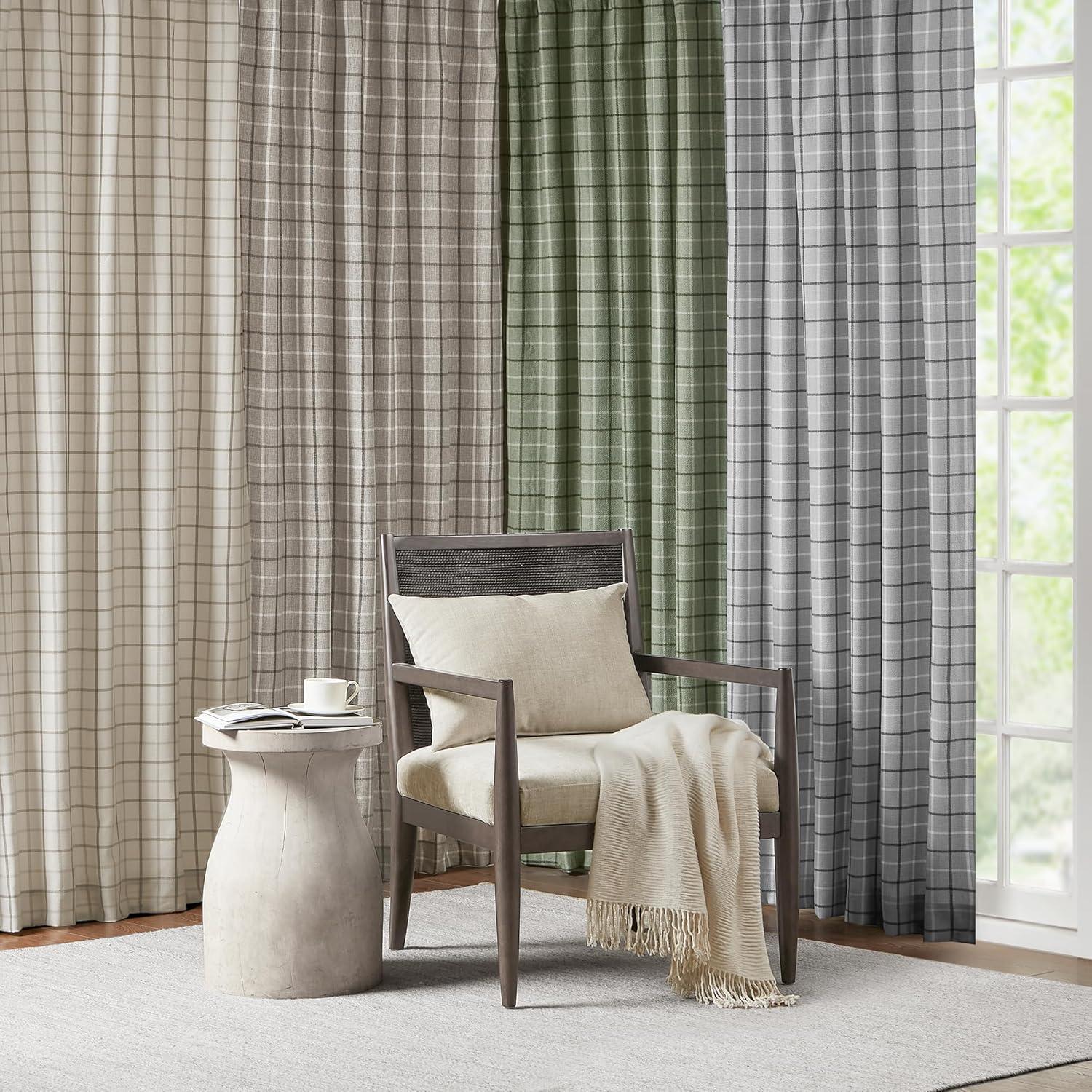 imageMadison Park Anaheim Cabin Plaid Curtain Window Thermal Insulated Fleece Lining Living Room Decor Room Darkening Drape for Bedroom 1Single Panel Pack 50quot x 84quot Rod Pocket NaturalFaux Leather Tab Natural