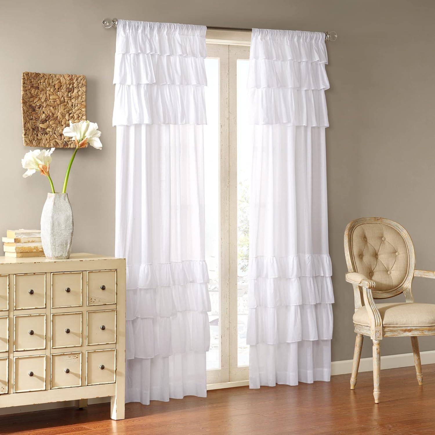 imageMadison Park Anna Oversized Ruffle Rod Pocket Valance Classic Vintage Cotton Valances for Window 50X18quot White50W x 84L Pack of 1