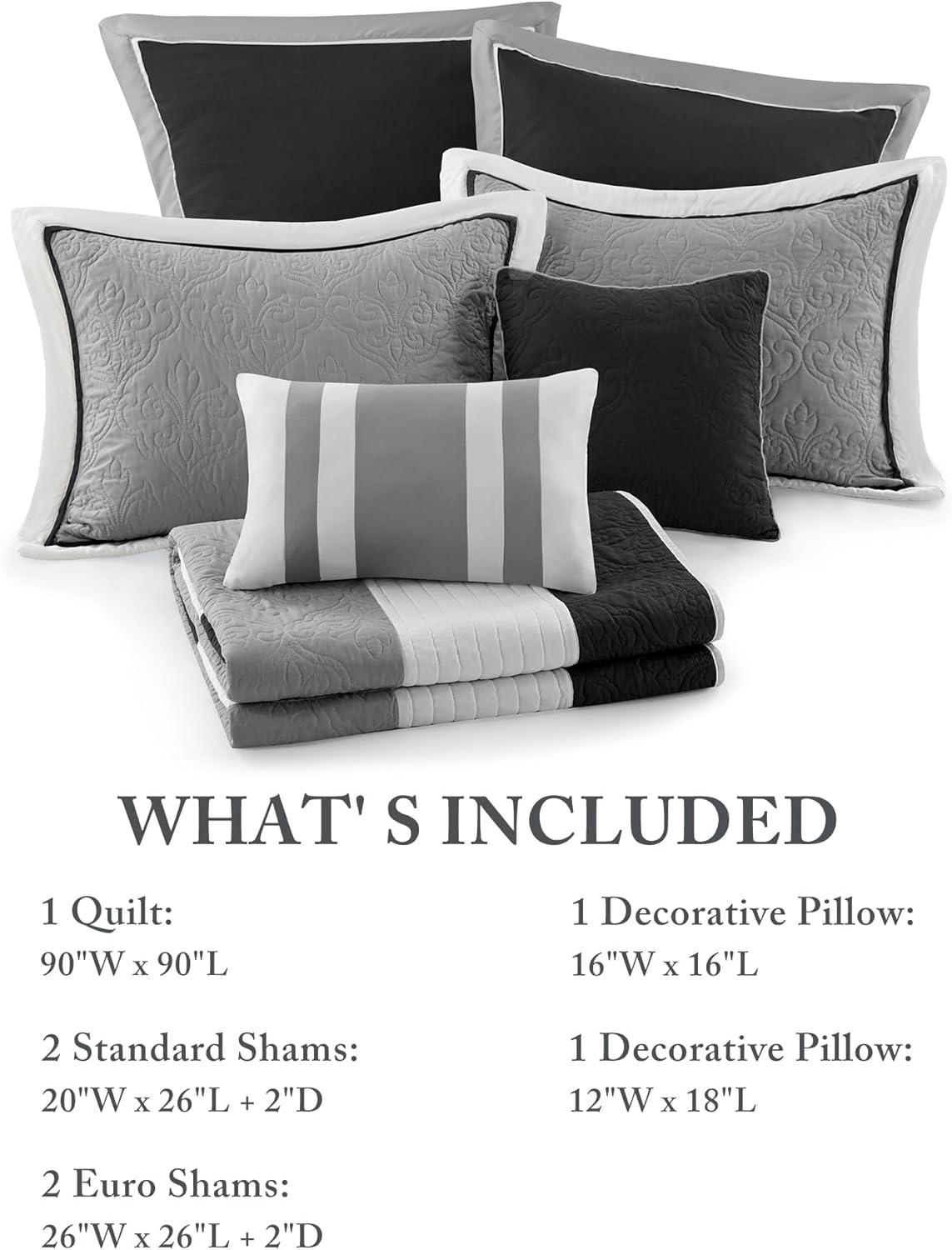 imageMadison Park Attingham Reversible Quilt Set All Season Breathable Coverlet Lightweight Cozy Bedding Layers Matching Shams FullQueen90quotx90quot Navy 7 PieceBlack Multi 7pcs