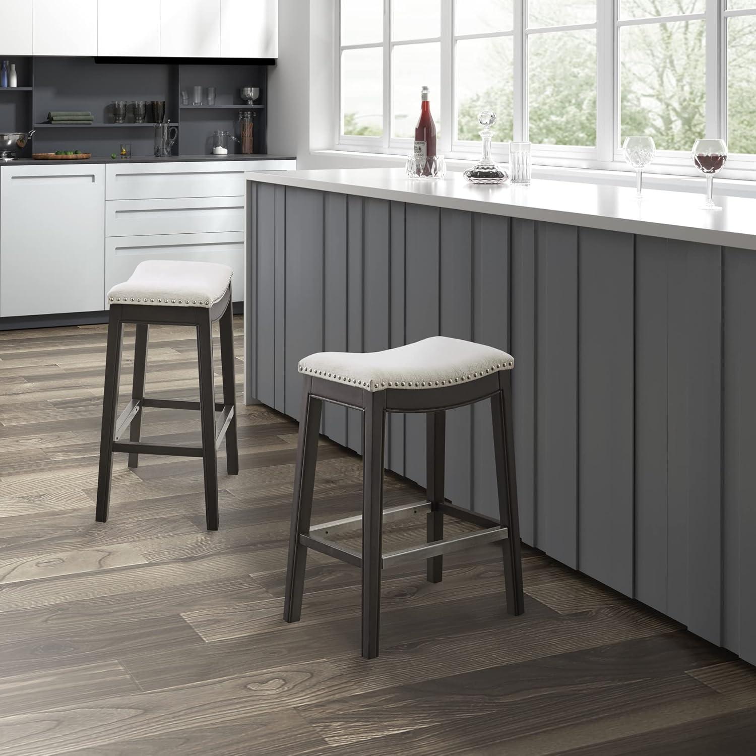 imageMadison Park Belfast Bar Stools Contour Padded Seat Nail Head Trim Modern Kitchen Counter Chair Solid Hardwood Metal Kickplate Footrest Dining Room Accent Furniture LinenCream