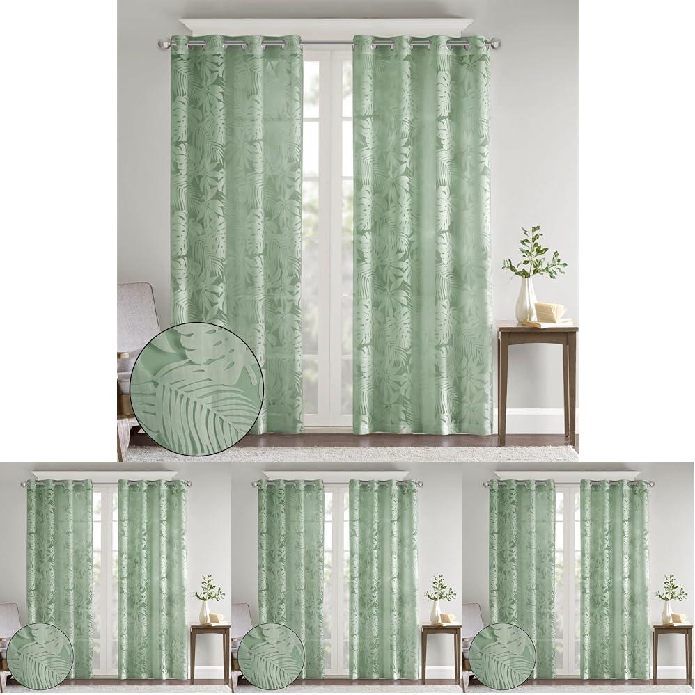 imageMadison Park Cecily Semi Sheer SINGLE Panel Window Curtain Burnout Botanical Print Easy To Hang Fits up to 125quot Diameter Rod 50x84quot Leaves AquaLeilani Sage Green