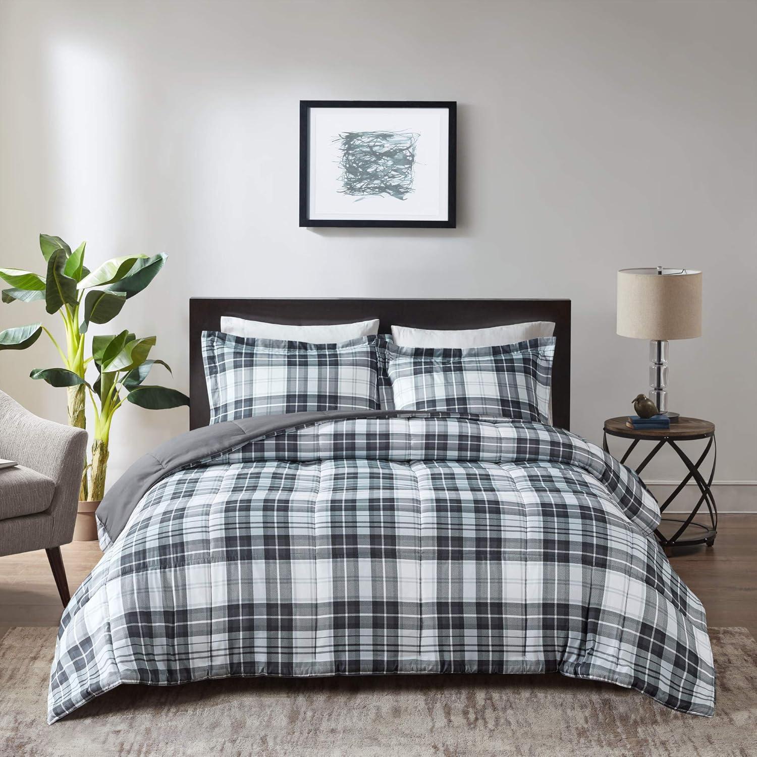 imageMadison Park Comfort Classics Larkspur Reversible Down Alternative 3M Scotchgard Comforter Mini Set FullQueen RedBlackBlackWhite