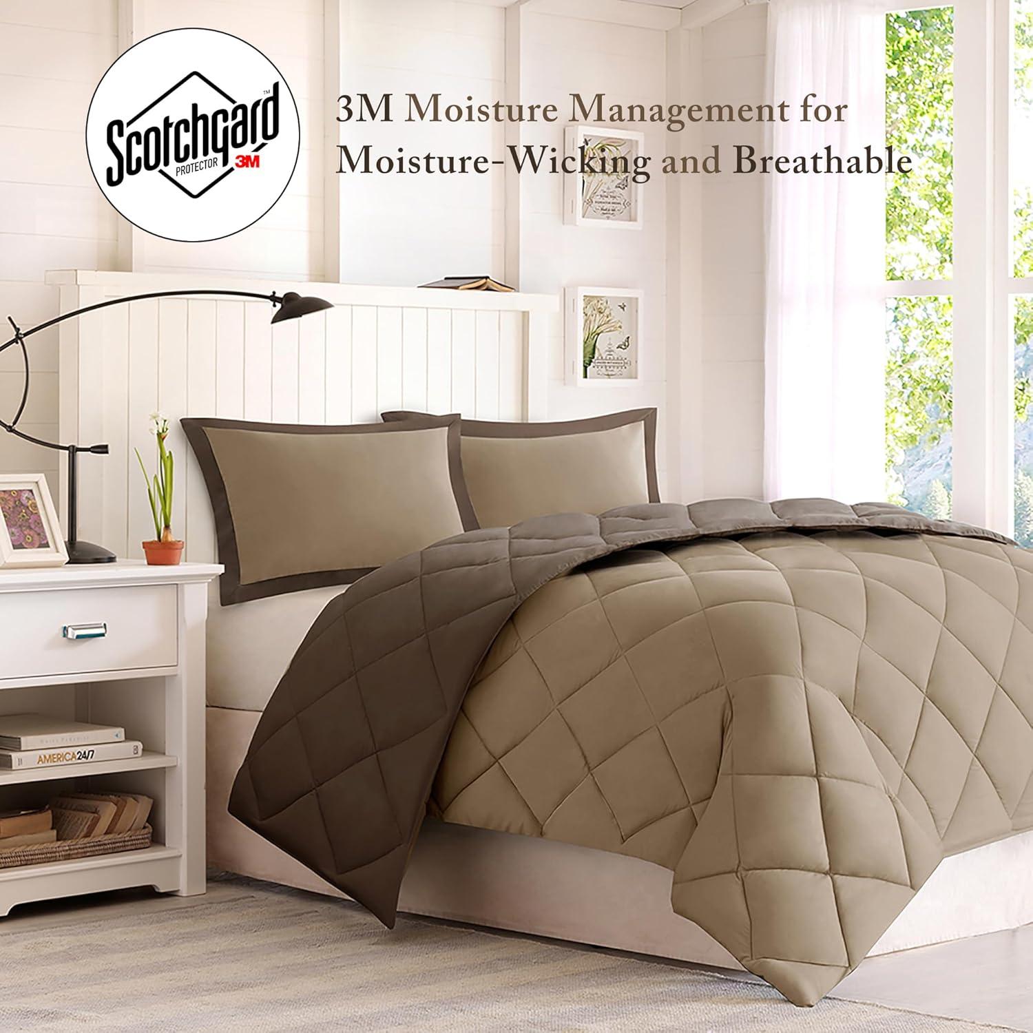 imageMadison Park Comfort Classics Larkspur Reversible Down Alternative 3M Scotchgard Comforter Mini Set FullQueen RedBlackBrownSand